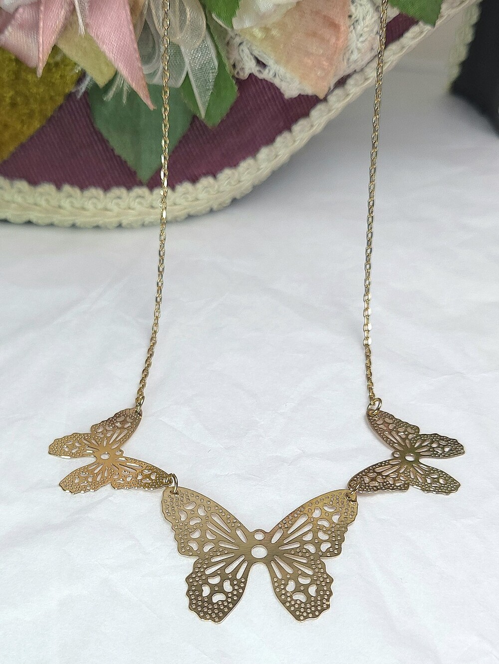 Gold Tone Butterfly Filigree Pendant Necklace